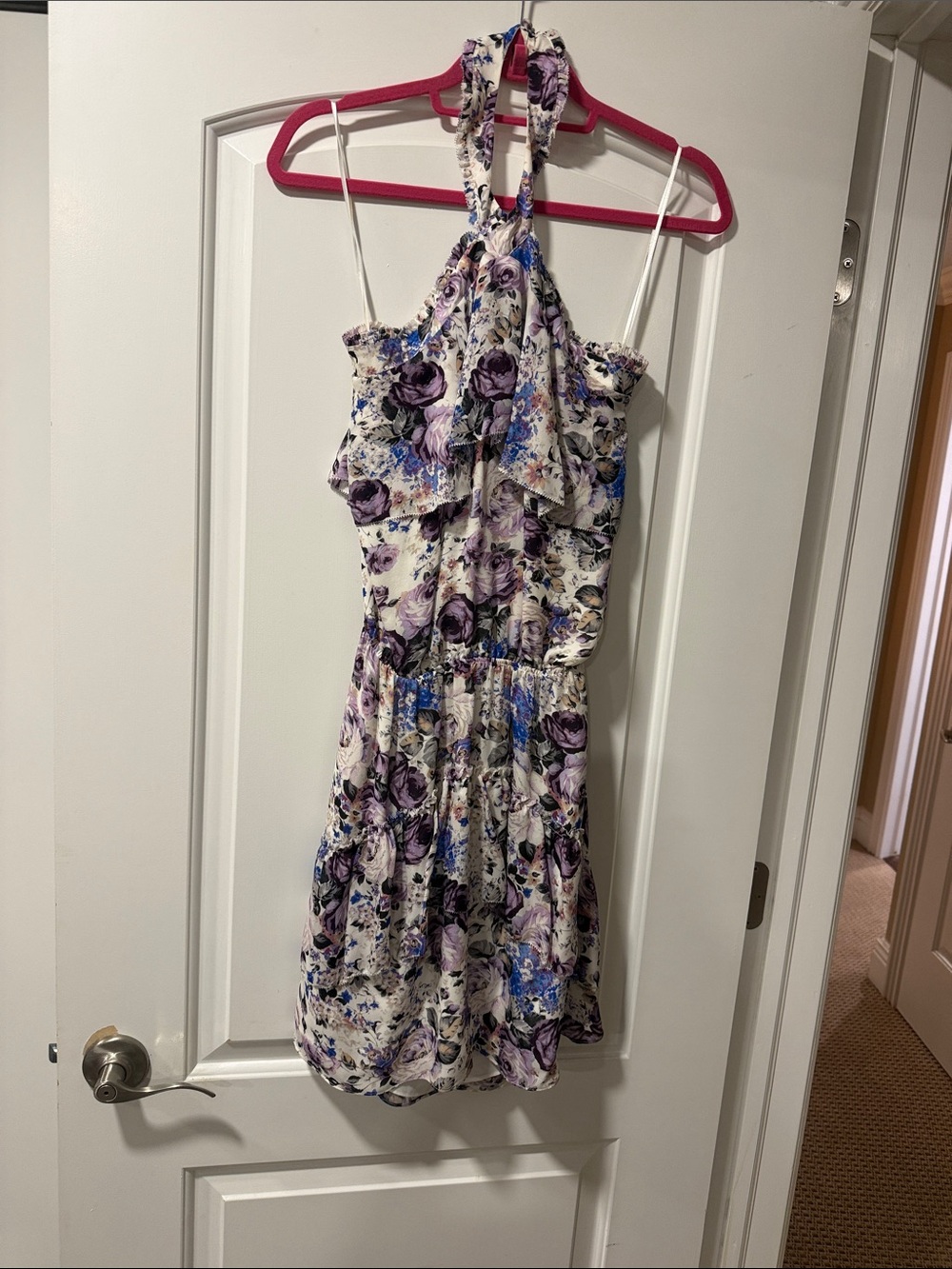 Floral Halter Sundress in White with Purple and Blue Roses